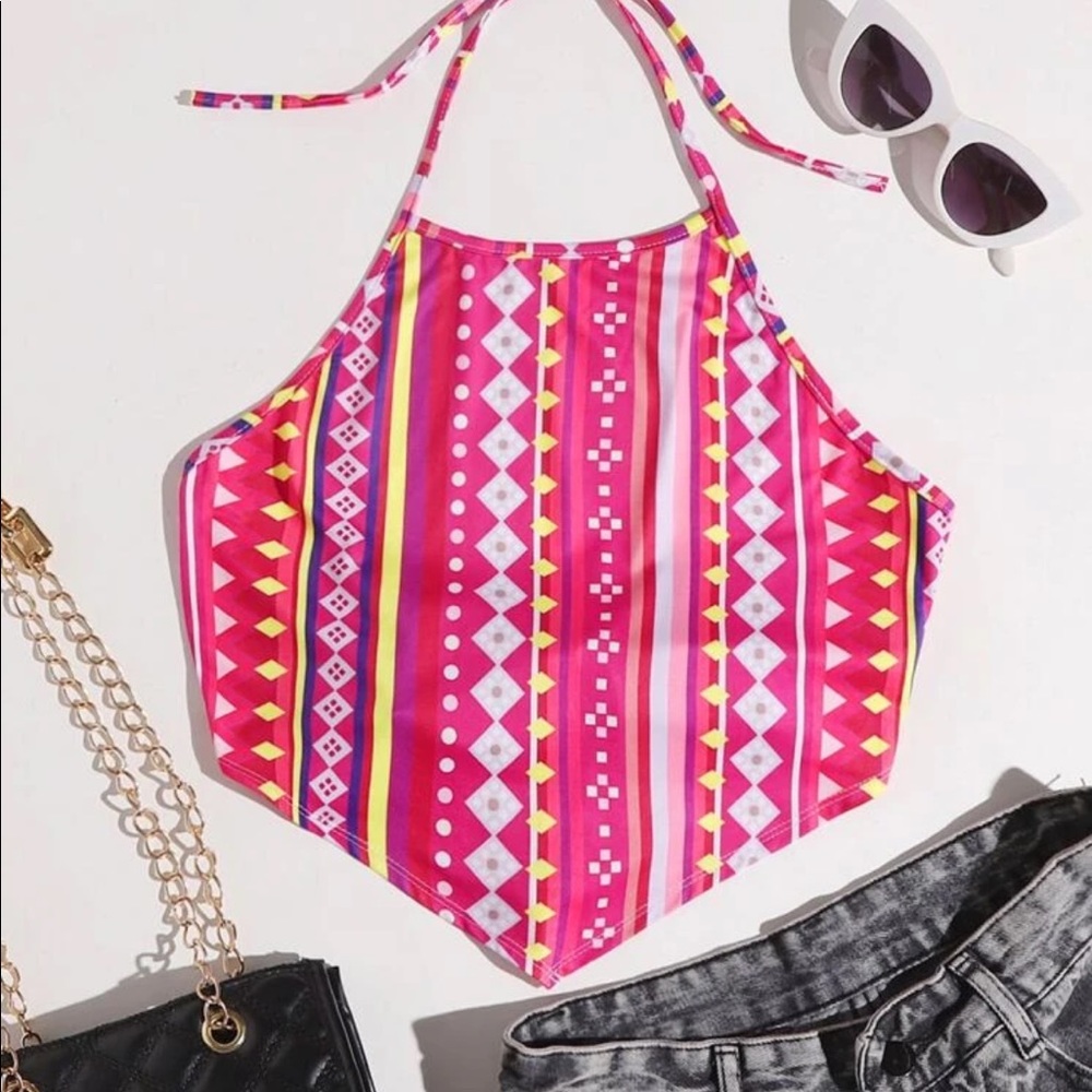Tied Open Back Pink Graphic Print Halter Top NWT